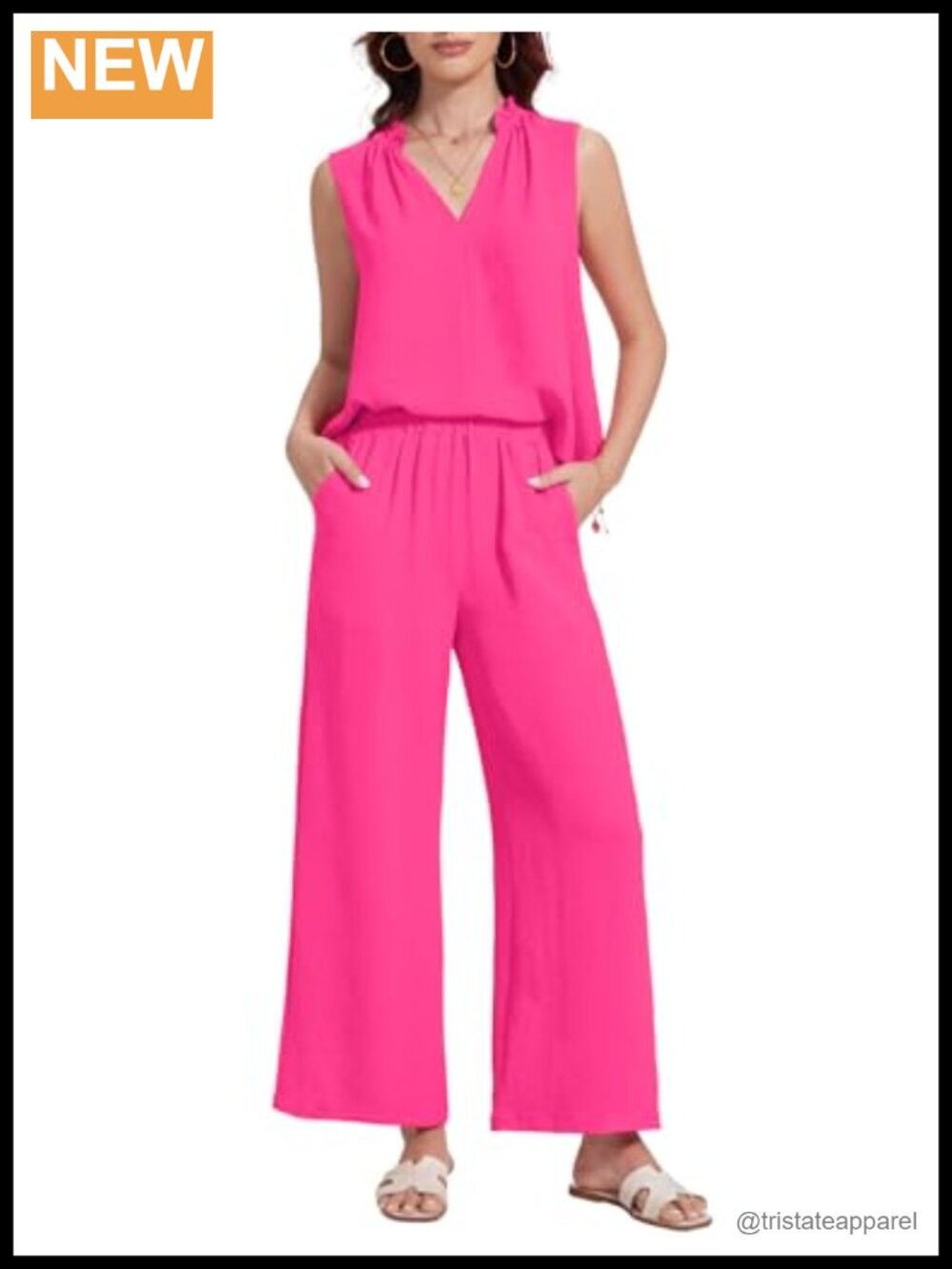 Women's 2 Piece Sleeveless Ruffled V Neck Top & High Waisted Pants Set